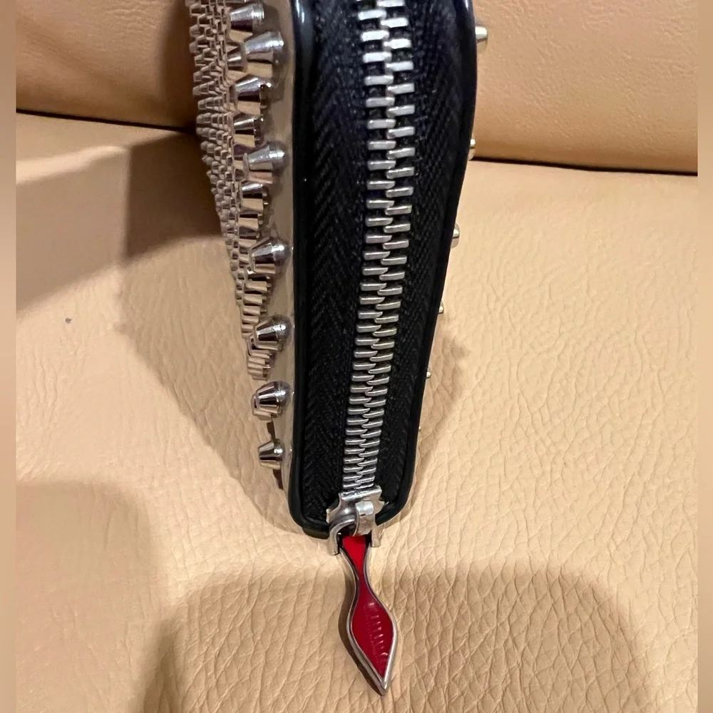 CHRISTIAN LOUBOUTIN Panettone Silver Leather Studded Zip Around Long Wallet - Picture 4 of 10